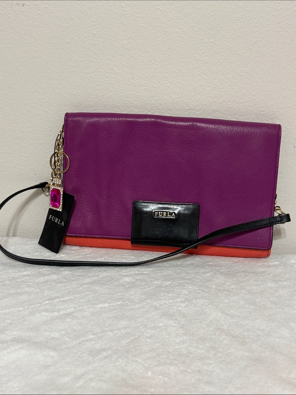 Furla Purple, Orange & Black Leather Wristlet Clutch